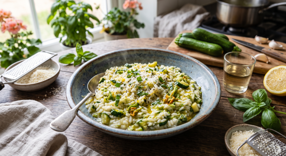 O risoto de abobrinha combina muito bem com saladas verdes, legumes grelhados ou cogumelos salteados.