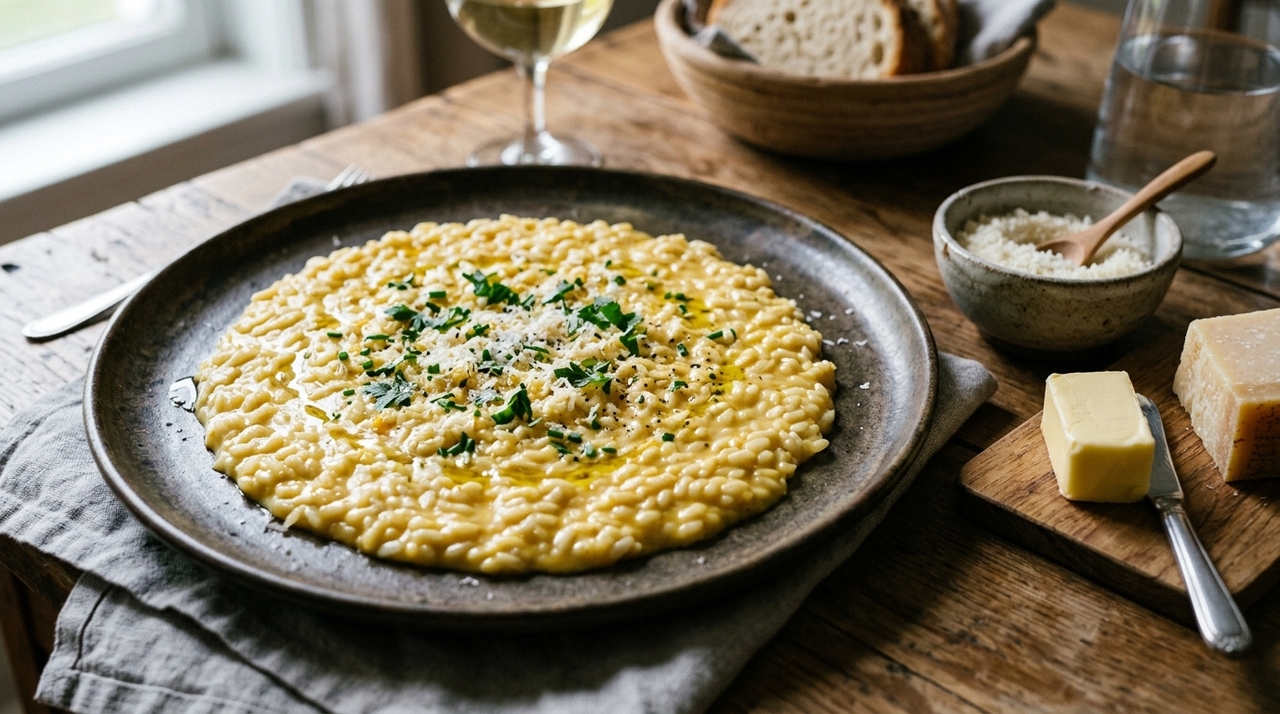 O risoto precisa de arroz de grão curto ou médio, rico em amido, como arbóreo, carnaroli ou vialone nano.