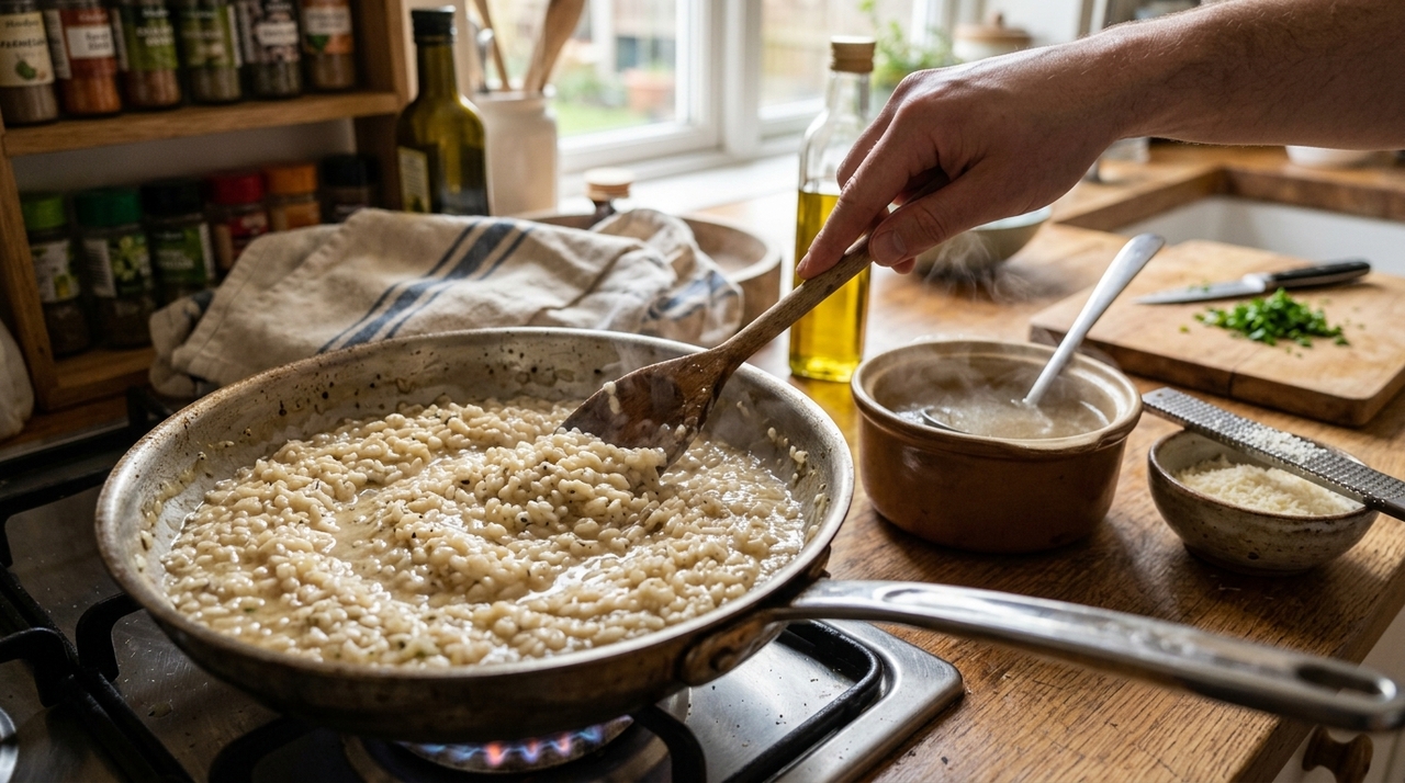 O risoto precisa de arroz de grão curto ou médio, rico em amido, como arbóreo, carnaroli ou vialone nano.