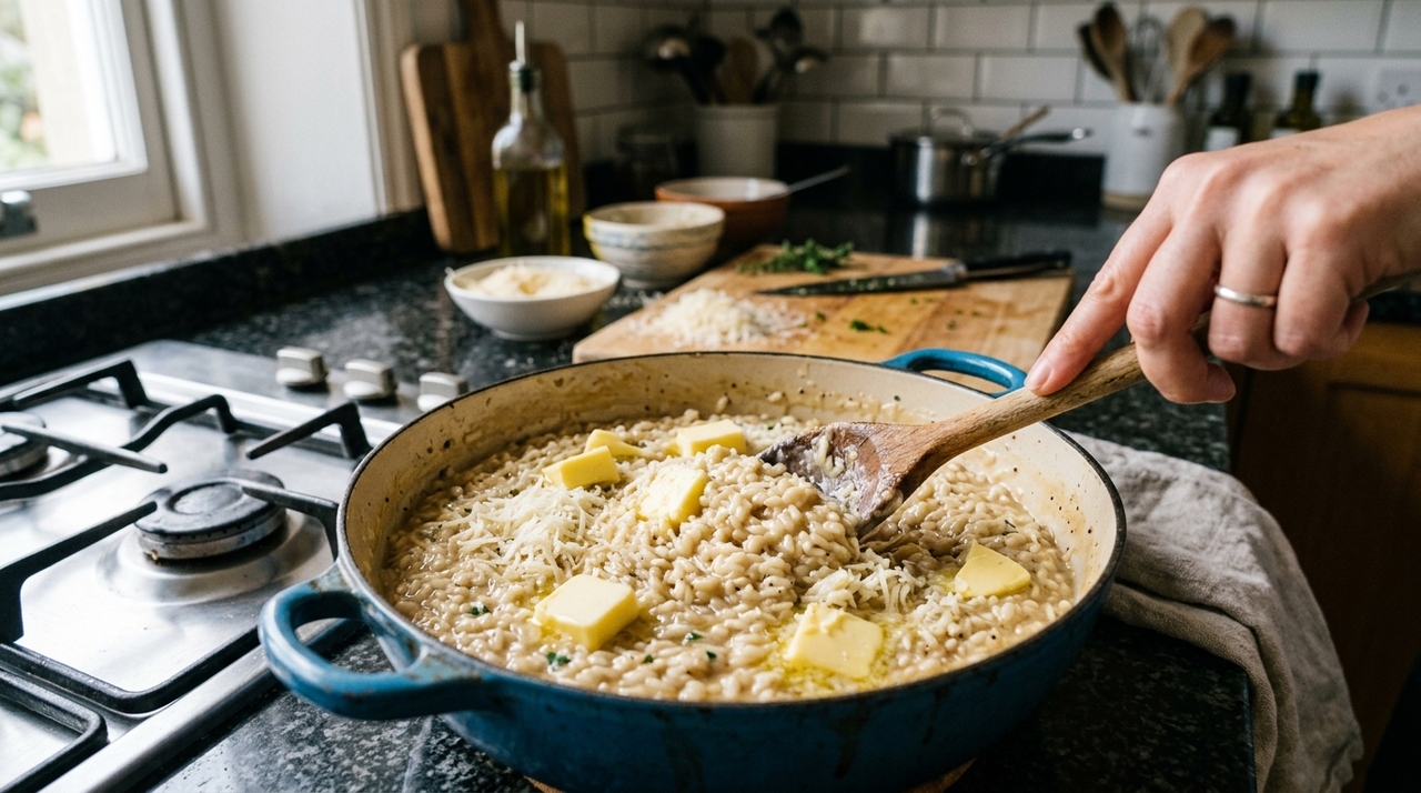 Quando o arroz estiver al dente e cercado por líquido cremoso, desligue o fogo e espere alguns segundos
