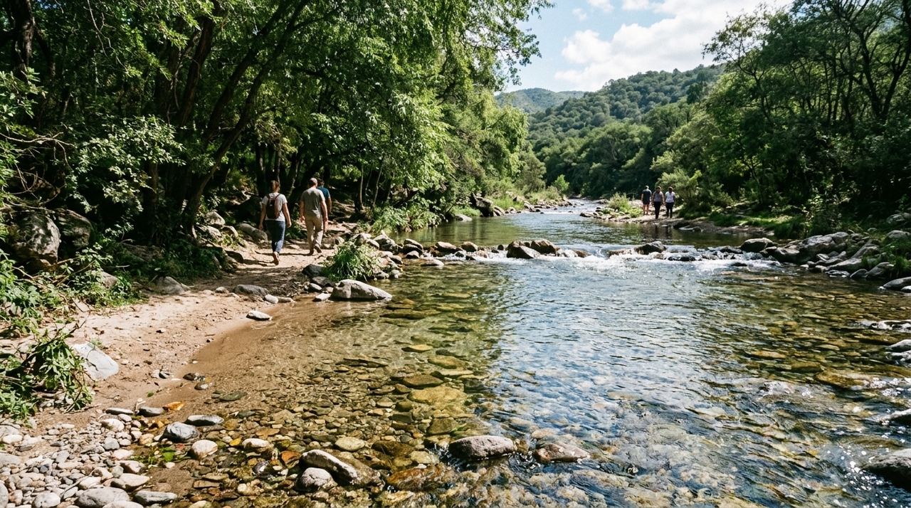 O rio Los Reartes atravessa a região com trechos de água transparente, pedras e pequenas faixas de areia.