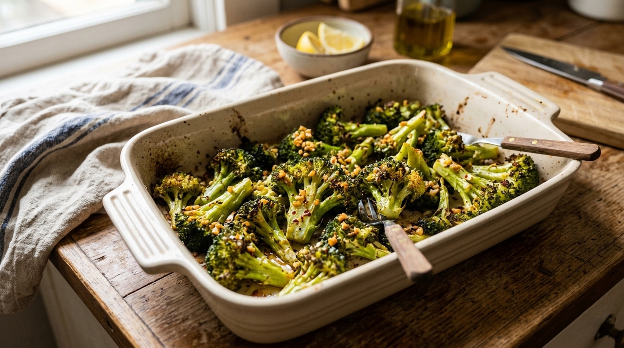 O forno reduz a umidade superficial e favorece o douramento das pontas, deixando o vegetal mais intenso e agradável.