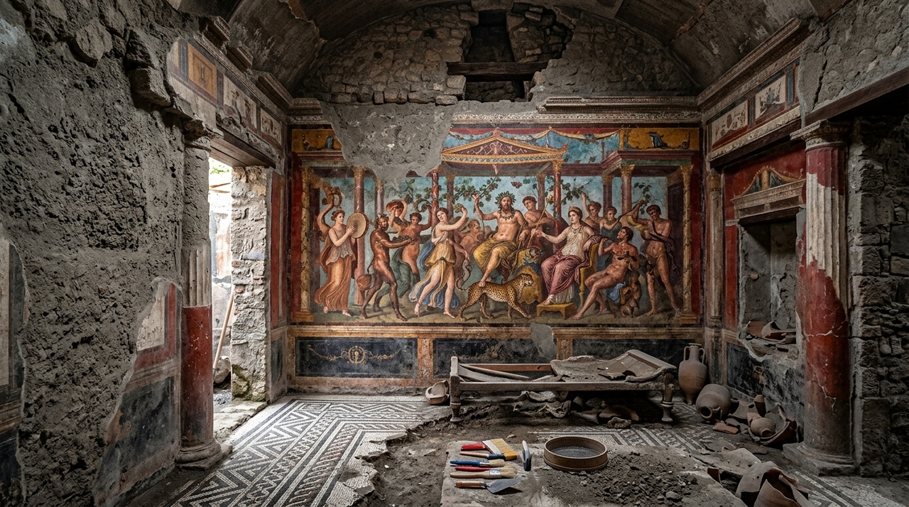 O destaque da descoberta é um grande afresco dionisíaco encontrado em um salão de banquetes do século I a.C.