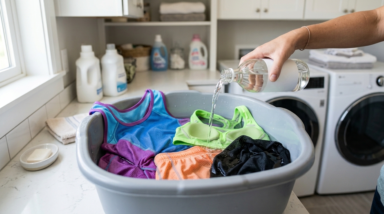 Antes de qualquer produto, o primeiro cuidado é separar as roupas de ginástica de outras peças, principalmente toalhas e itens de algodão pesado.