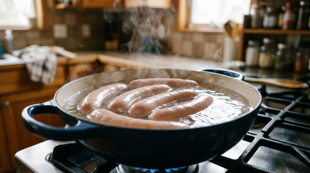 O método mais simples é aquecer a água até começar a ferver, desligar o fogo e só então colocar as salsichas para descansar no líquido quente.