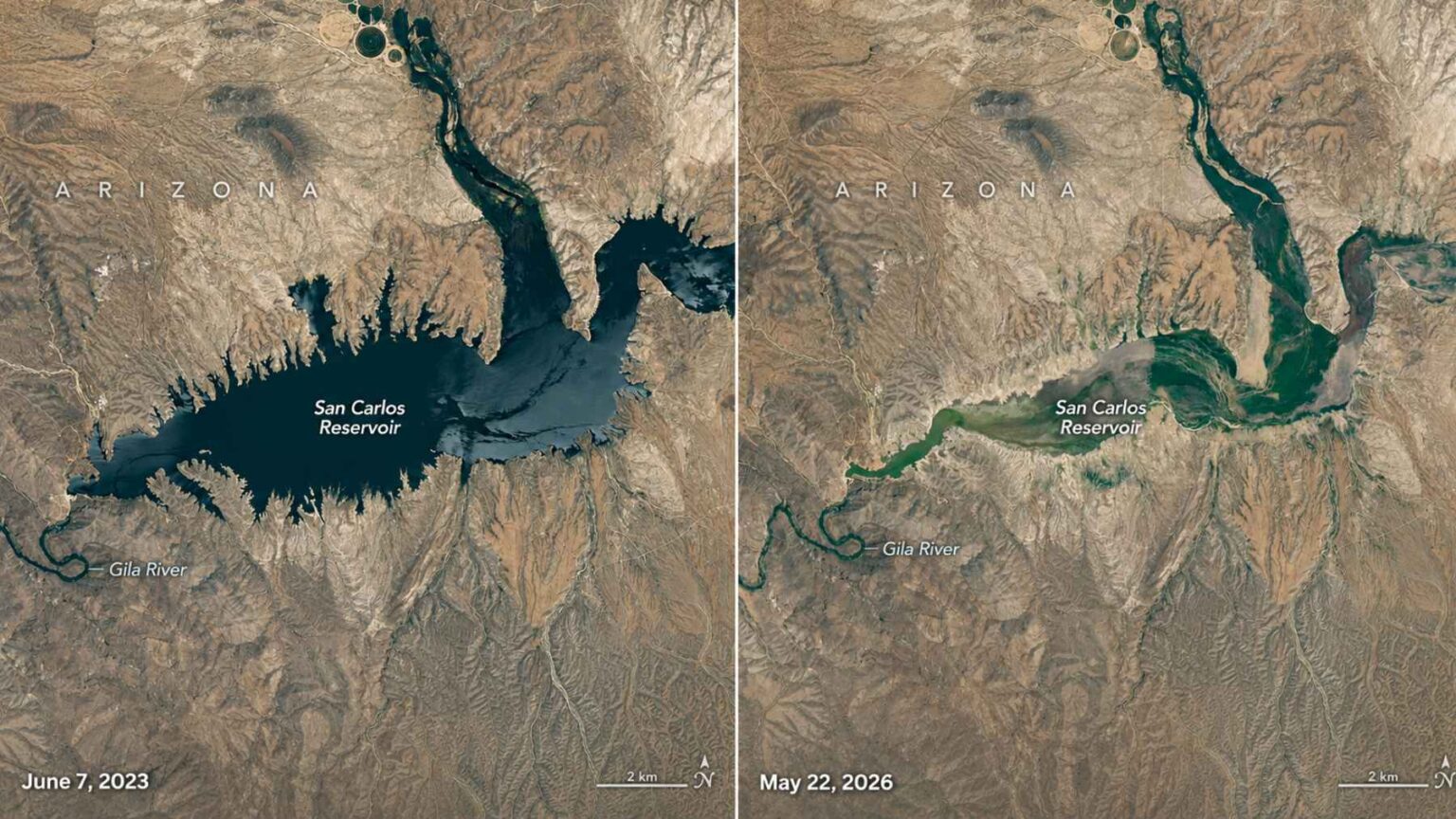 O Reservatório San Carlos, no Arizona, tornou-se um retrato marcante do que a seca pode causar quando a camada de neve falha, a demanda de água continua e o calor do verão se aproxima.