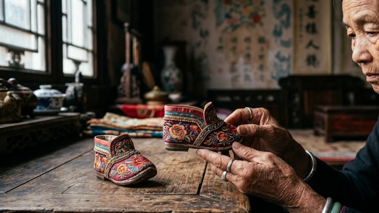 Mulher chinesa segurando sapatos de lótus
