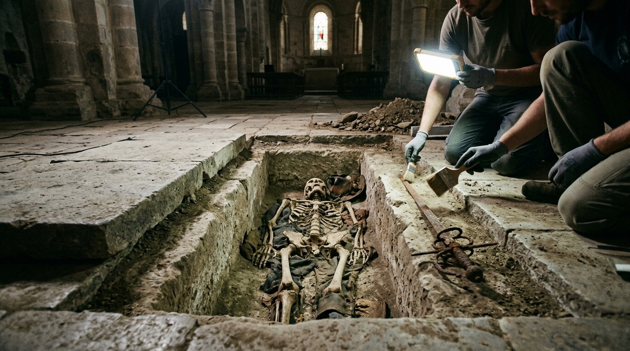 A equipe analisou documentos históricos, localização da sepultura e características dos restos mortais encontrados durante as escavações realizadas no templo.