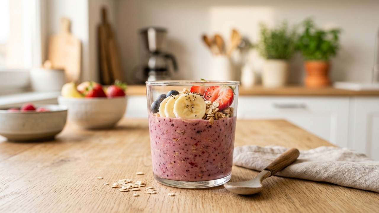 A combinação de aveia e frutas frescas é uma escolha prática e nutritiva para começar o dia com mais energia e saúde. – Imagem gerada por IA
