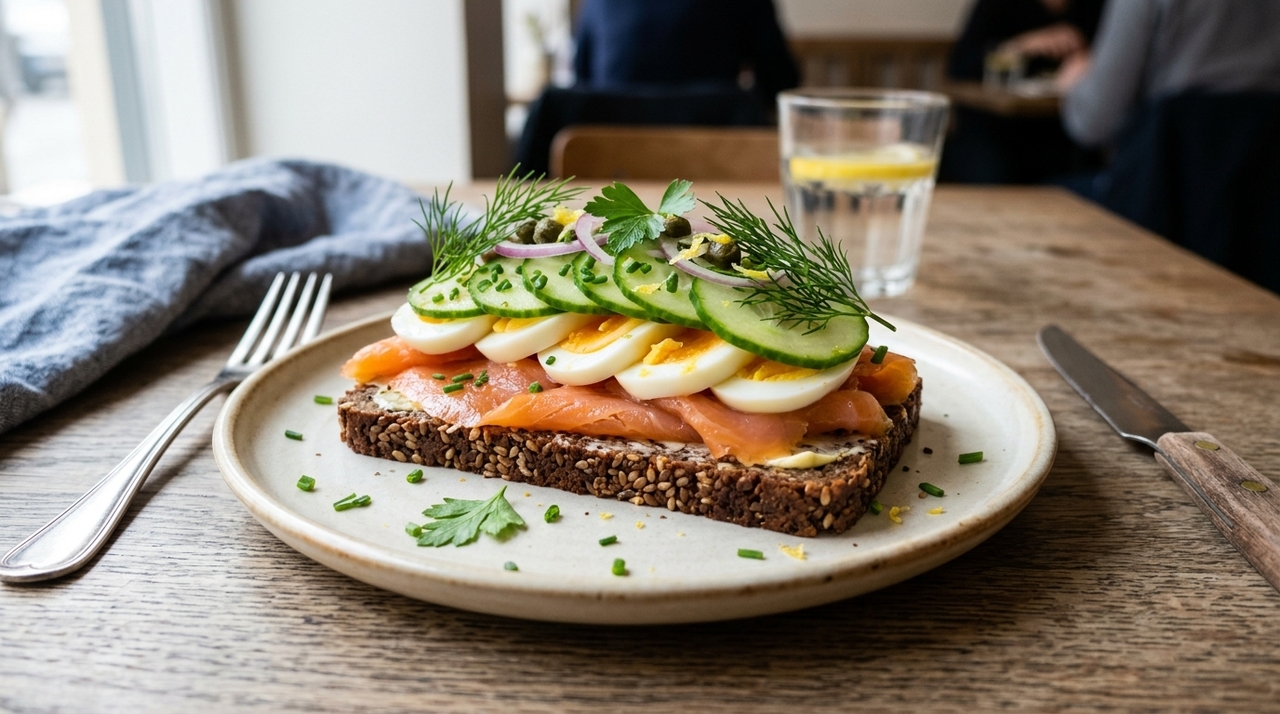 Na tradição do smørrebrød dinamarquês, o prato aparece como preparação fria feita sobre pão rugbrød.
