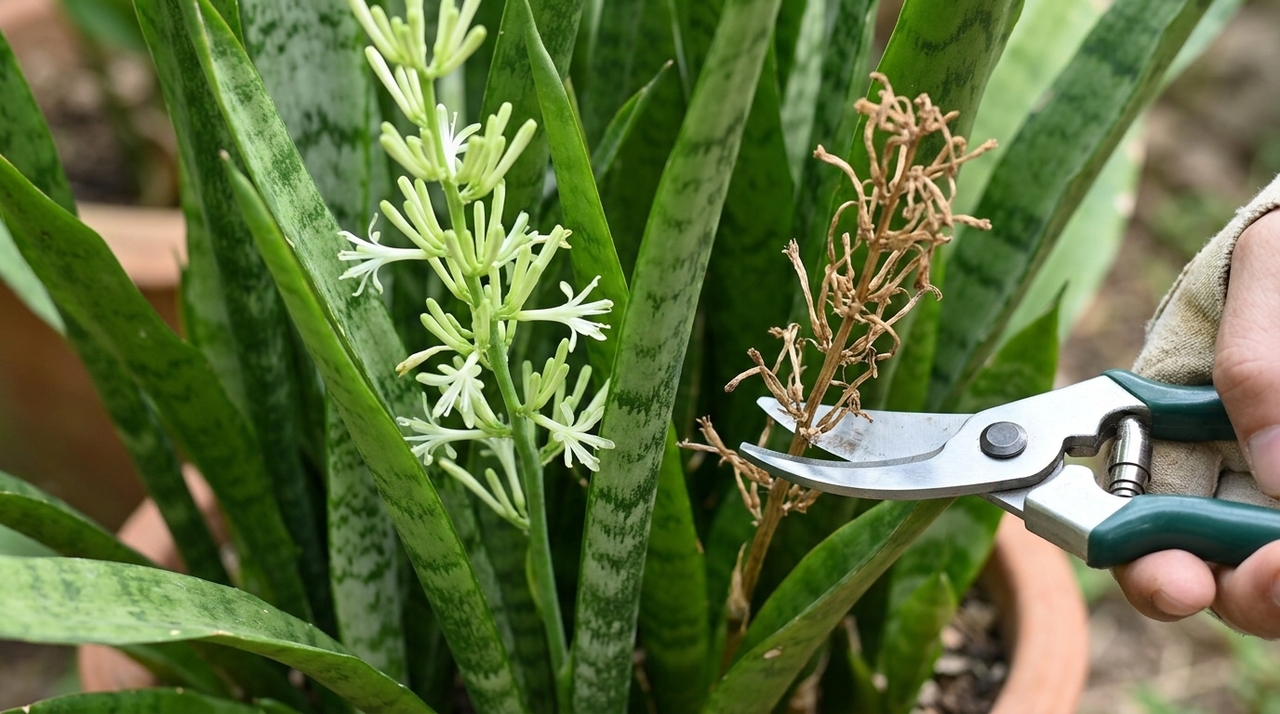 A Dracaena trifasciata é uma espécie africana cultivada pelas folhas rígidas e verticais.