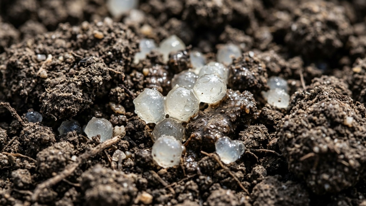 Cientistas desenvolvem hidrogel biodegradável feito de algas e cascas de camarão para reter umidade no solo. – Imagem gerada por IA