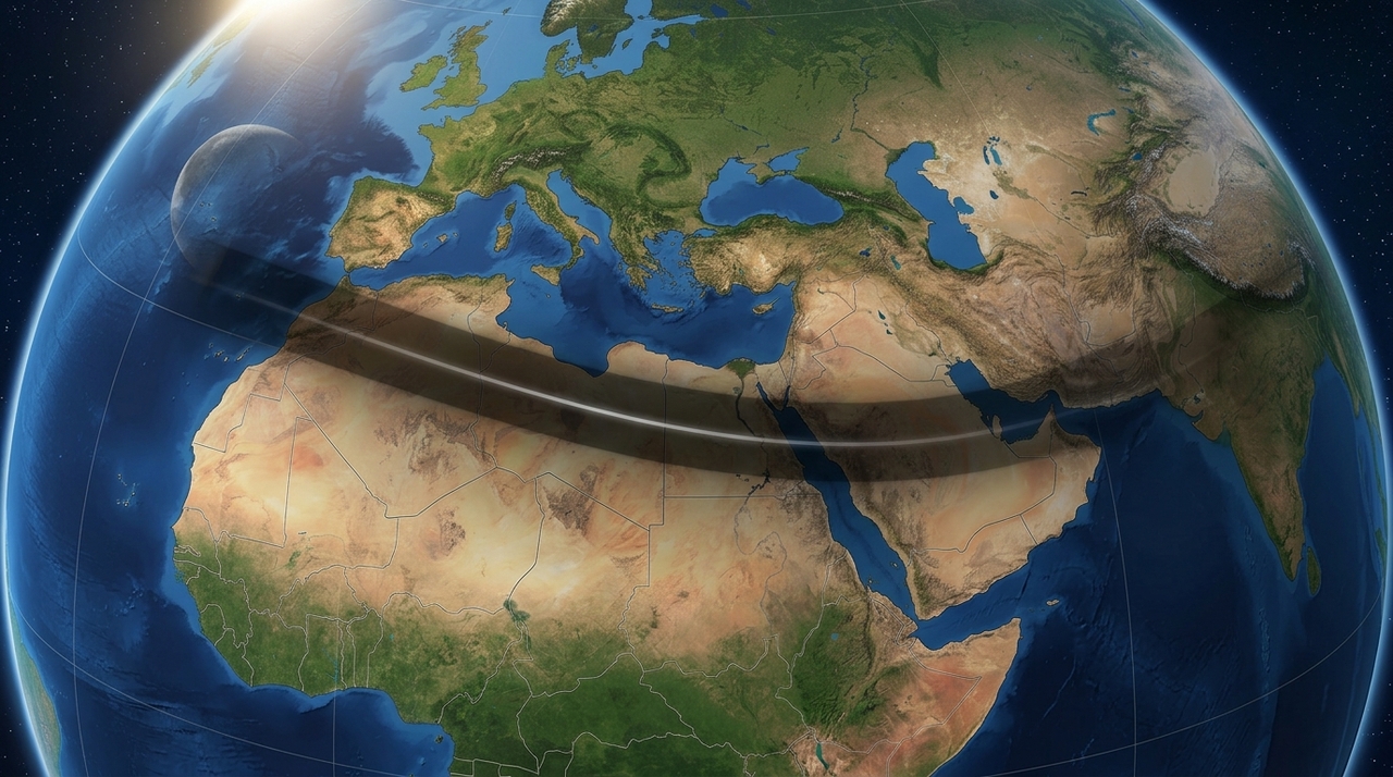 A faixa de totalidade atravessará o sul da Europa, o norte da África e partes do Oriente Médio.