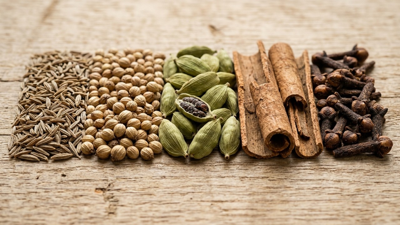 O aquecimento dos grãos na gordura quente transforma completamente o perfil aromático dos temperos do seu prato. – Imagem gerada por IA