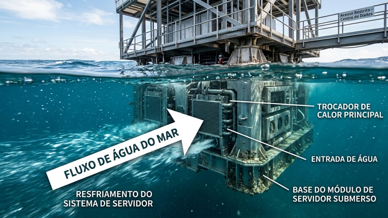 A integração de servidores em plataformas eólicas flutuantes reduz a pressão sobre recursos hídricos e redes elétricas terrestres. – Imagem gerada por IA