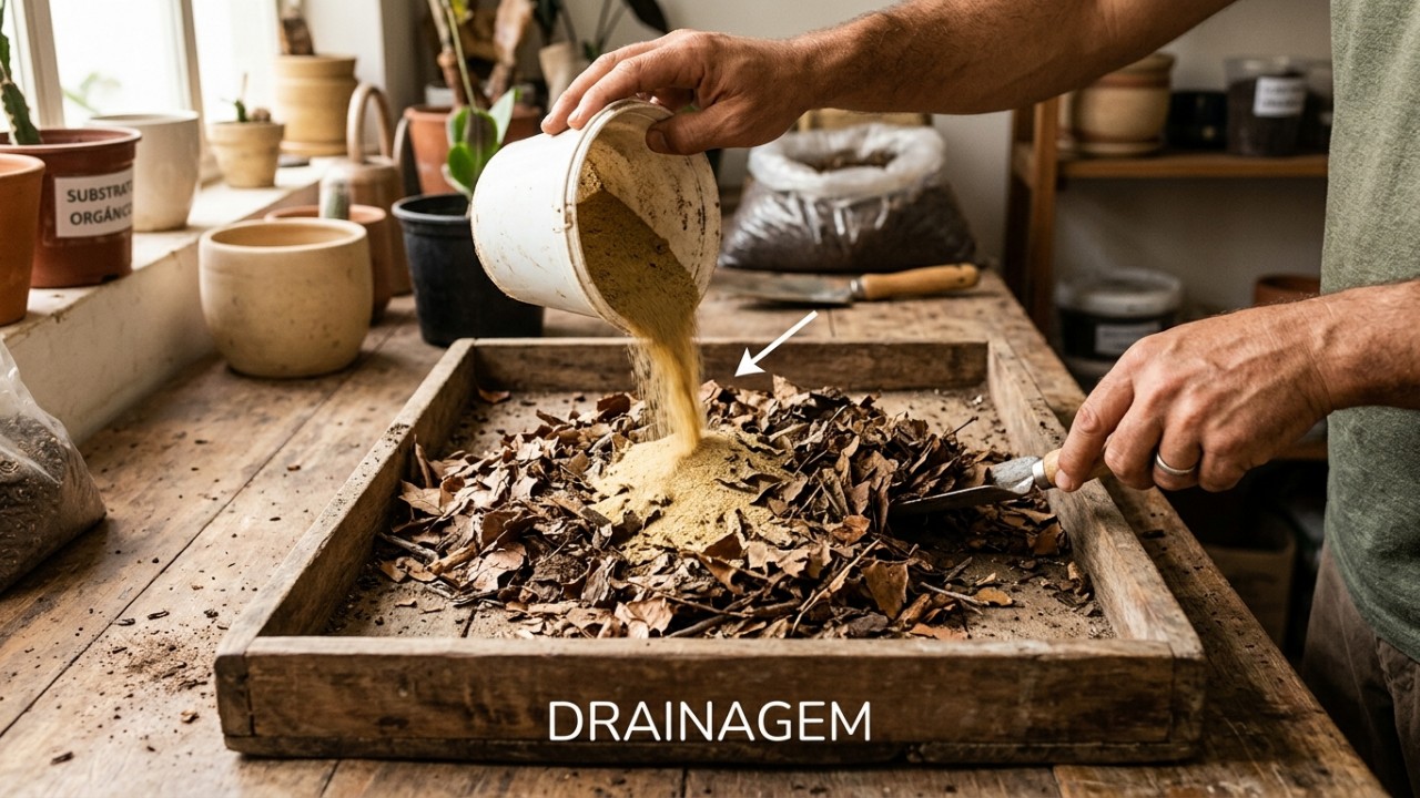 Folhas secas do quintal podem ser transformadas em um adubo orgânico nutritivo para suas plantas. – Imagem gerada por IA