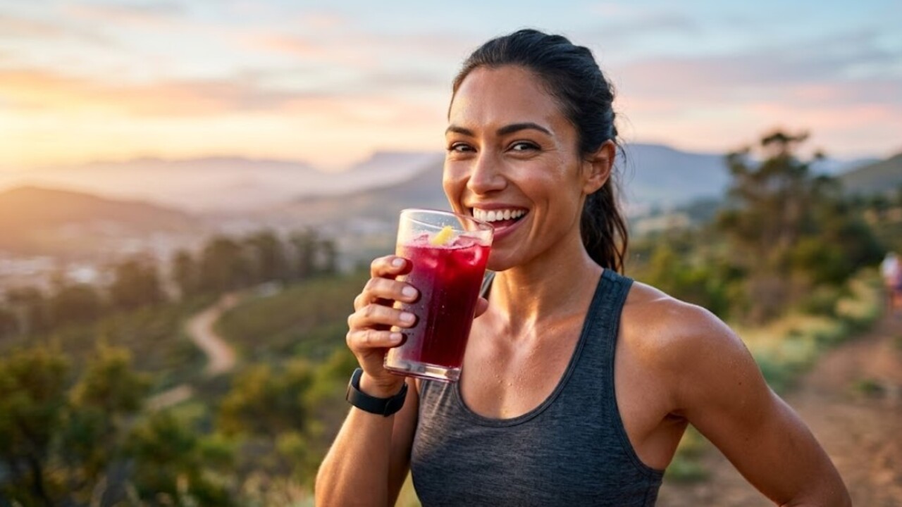 Mulher tomando suco de beterraba com limão após o treino