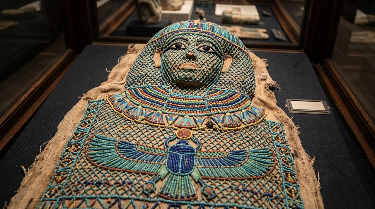 Produzido com milhares de pequenas contas coloridas, o sudário funerário de contas era colocado sobre múmias envoltas em linho.