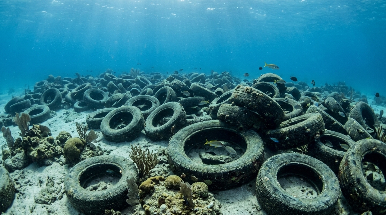 Os pneus foram unidos com presilhas de aço e cordas de náilon, mas essas amarrações não resistiram por muito tempo às condições do ambiente marinho.