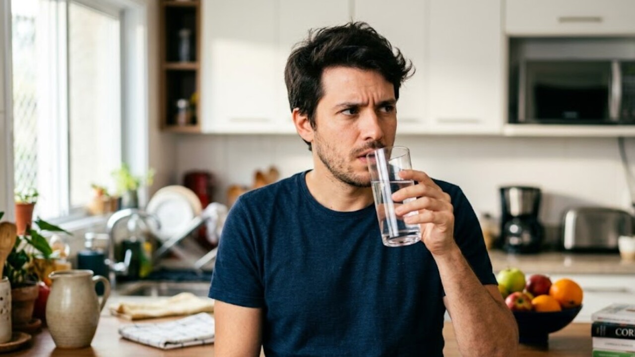 Homem tomando água na cozinha
