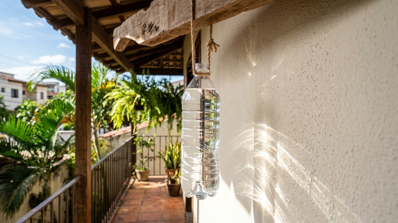 Garrafas com água na varanda utilizam refração da luz para afastar insetos de forma simples e sustentável. – Imagem gerada por IA