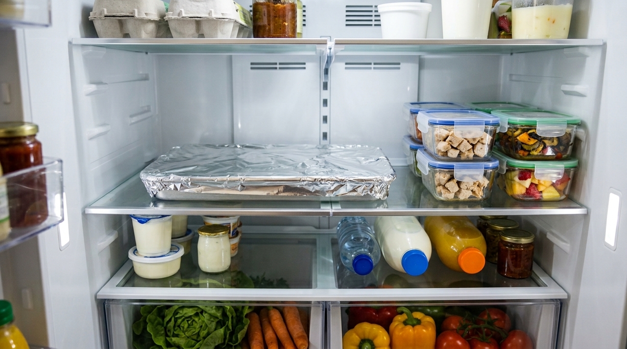 Na geladeira, o papel-alumínio costuma ser usado como barreira física para proteger alimentos do contato direto com o ar frio, da umidade e de odores internos