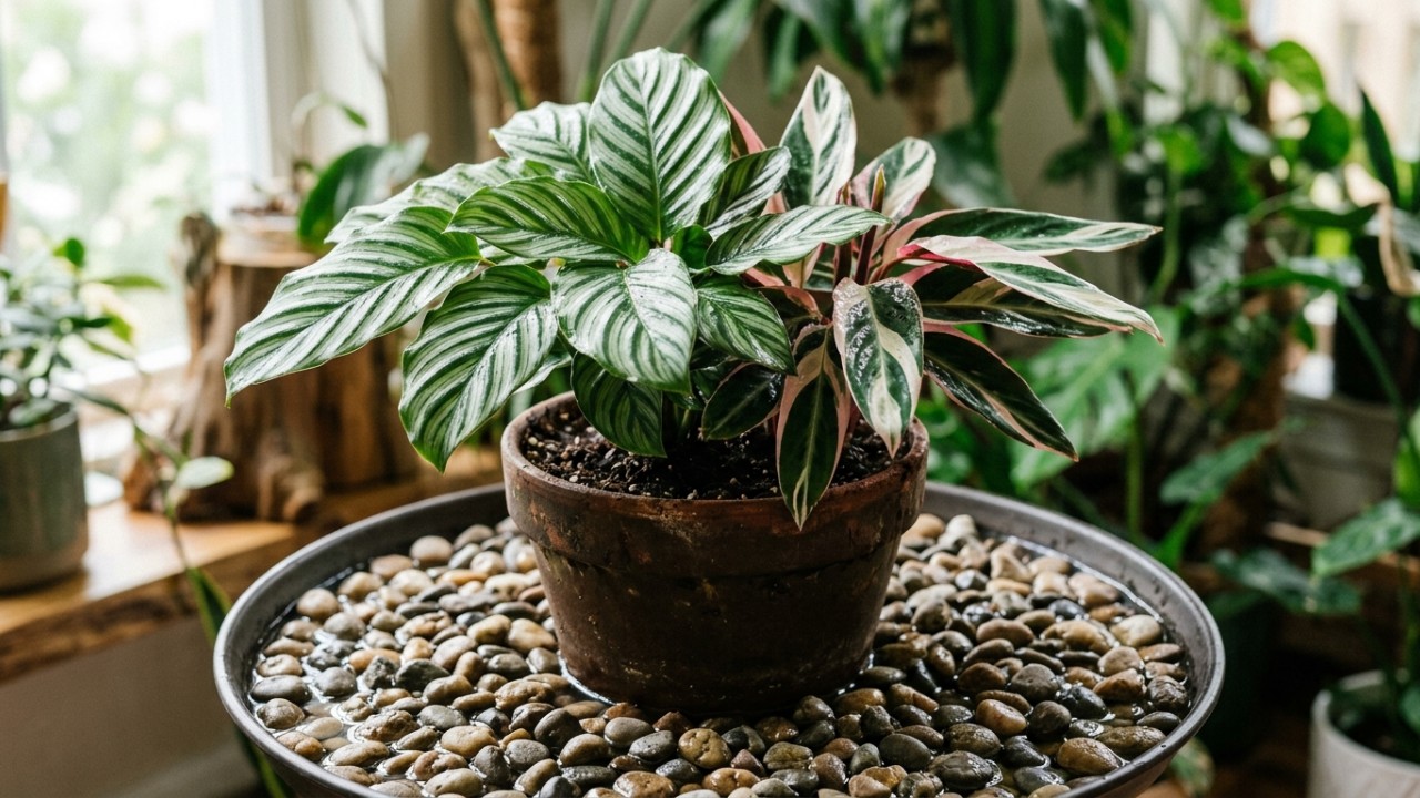 O uso de esponjas umedecidas ao redor dos vasos ajuda a elevar a umidade do ar para as plantas tropicais. – Imagem gerada por IA