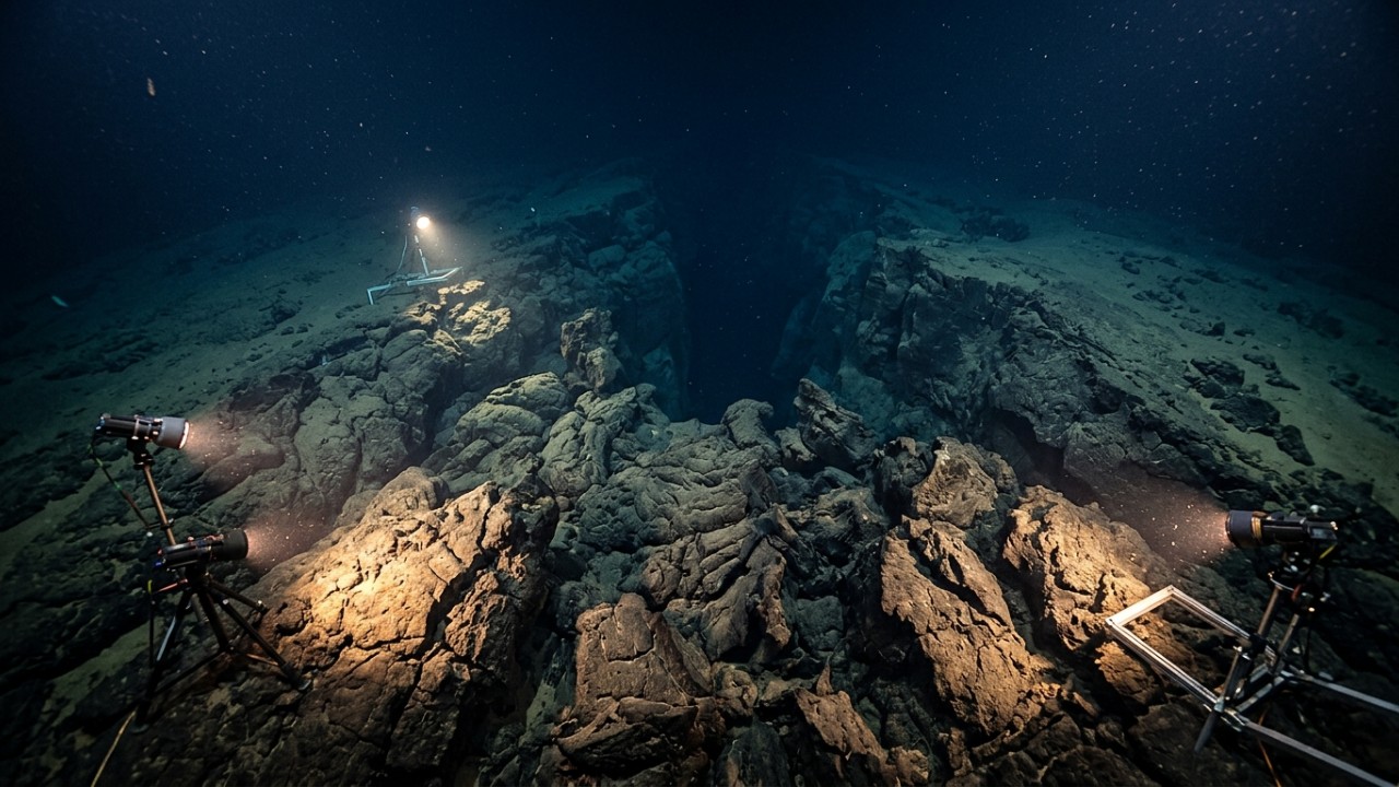 Cientistas registraram em tempo real a formação de uma nova crosta oceânica na Dorsal Sudeste do Índico. – Imagem gerada por IA