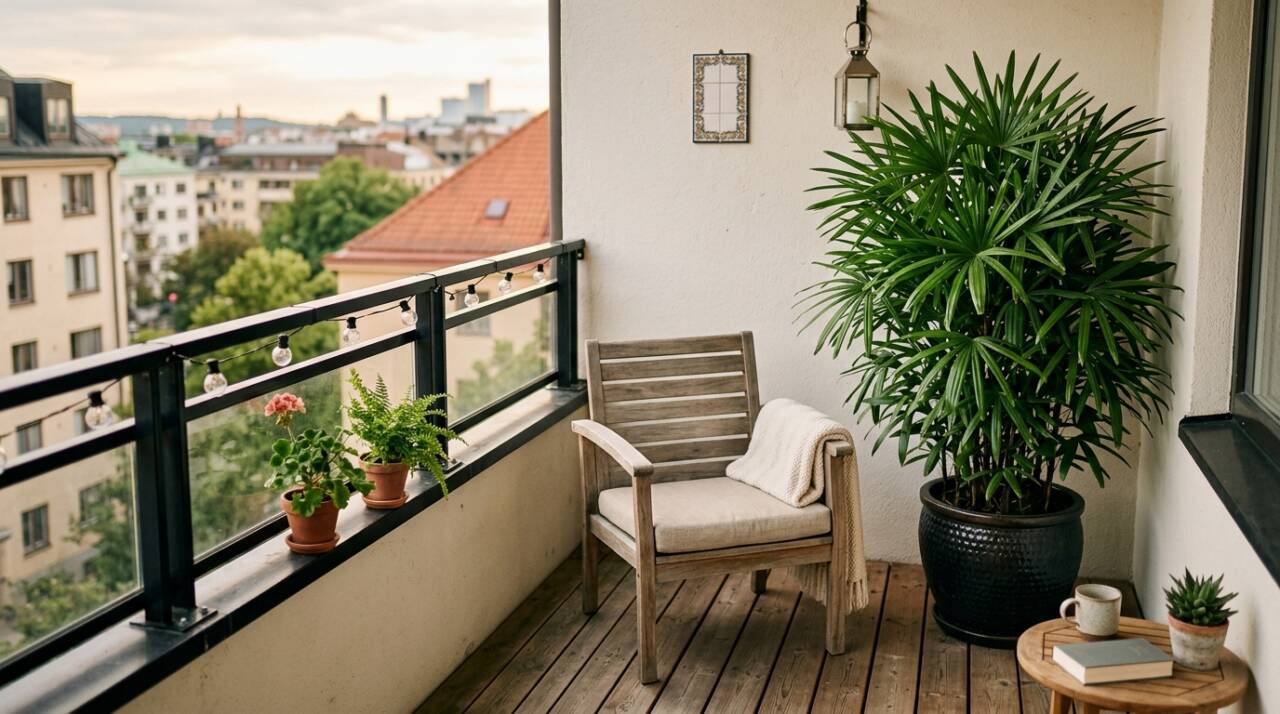 A palmeira-ráfis tem caules finos, lembrando bambus, e folhas em leque delicado, adaptando-se bem a ambientes internos claros e varandas sombreadas.