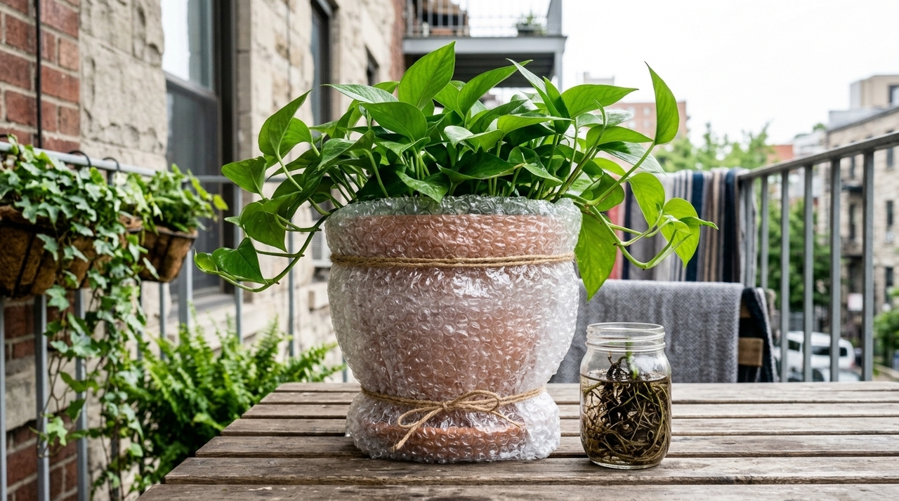 O chamado “invernadero com plástico bolha” é uma proteção em torno do vaso e, às vezes, sobre o substrato, para criar um microclima mais estável.