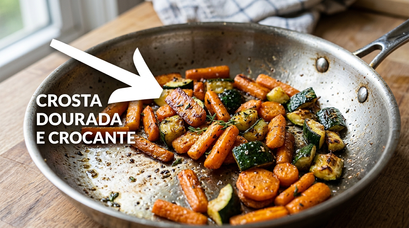 O efeito Leidenfrost cria uma barreira térmica que sela os vegetais sem perder os sucos naturais.