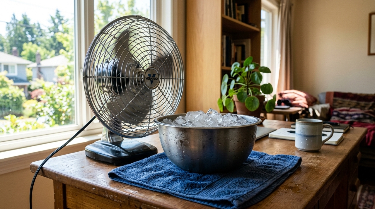 O princípio é simples: o ventilador movimenta o ar, enquanto o gelo absorve parte do calor ao derreter