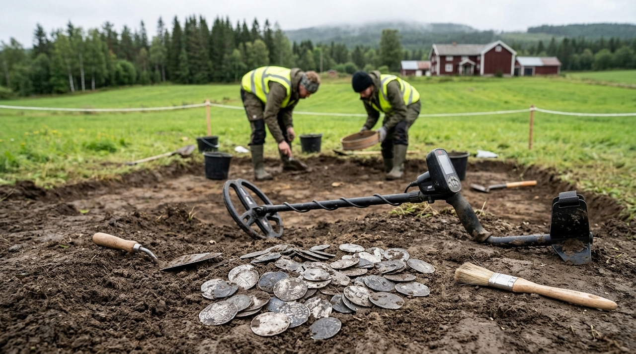 A descoberta começou em 10 de abril de 2026, quando dois detectoristas localizaram 19 moedas na fazenda de Mørstad