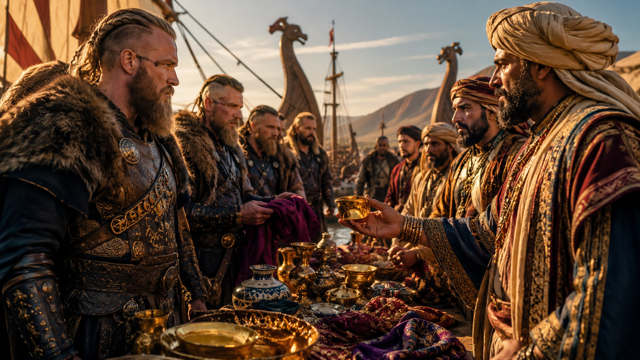 Vikings negociando com mercadores do Oriente Médio