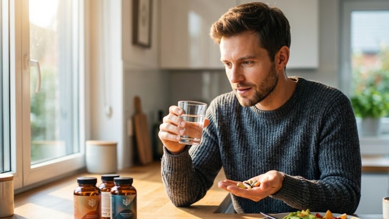 Homem tomando vitaminas pela manhã