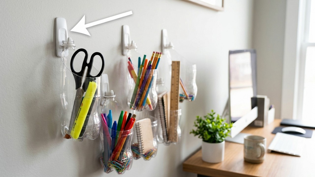 A reciclagem criativa de embalagens plásticas é uma solução econômica para manter seus objetos organizados. – Imagem gerada por IA