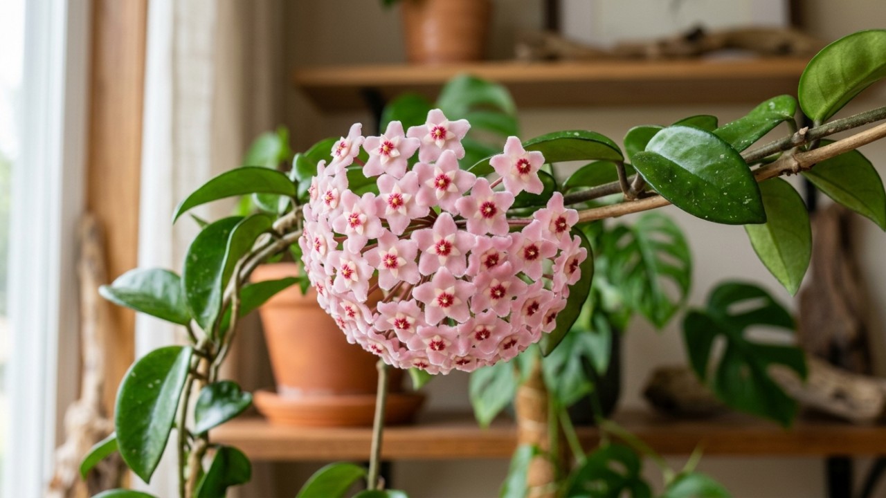 A flor de cera é uma trepadeira epífita que, ao ser cultivada em vasos suspensos, cria um efeito de cascata verdejante e perfumado. – Imagem gerada por IA