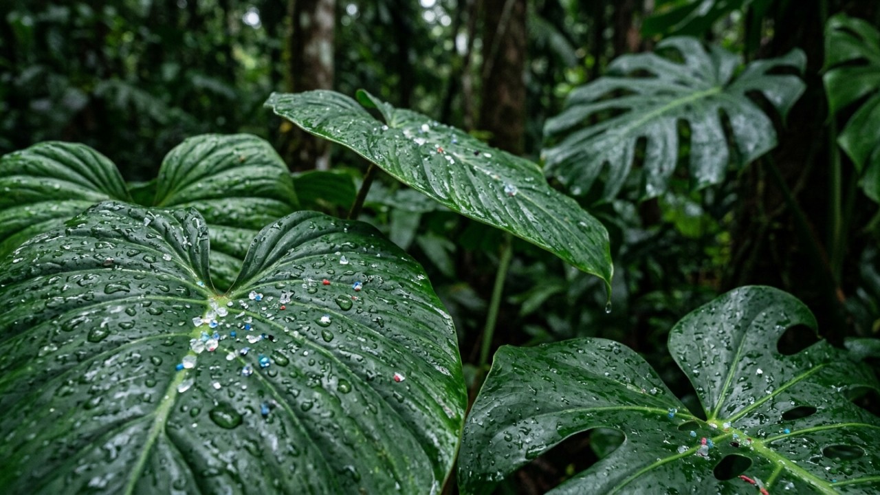 A poluição por microplásticos atinge áreas preservadas e ameaça a vida selvagem em reservas naturais. – Imagem gerada por IA
