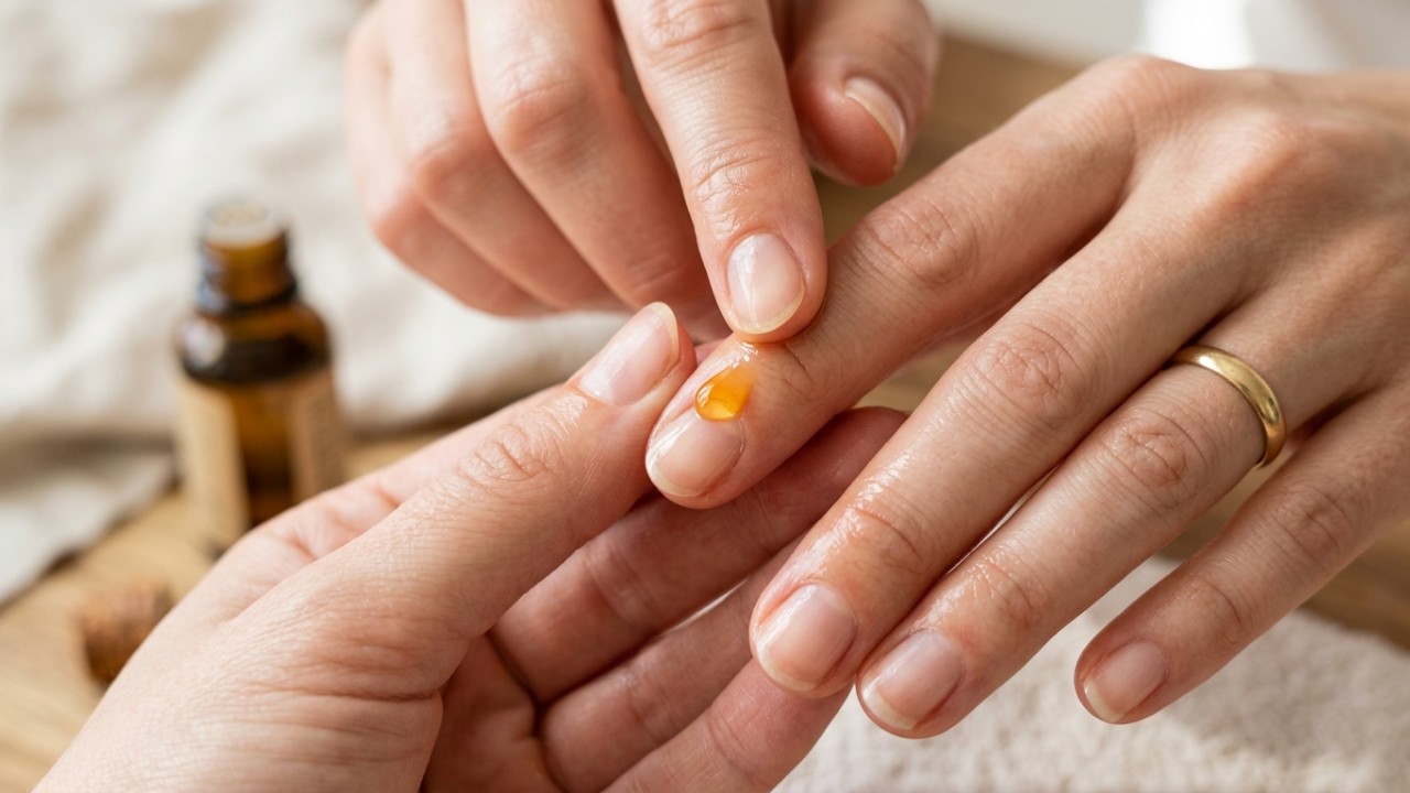 A massagem com óleos vegetais recupera a vitalidade e a hidratação das cutículas. – Imagem gerada por IA