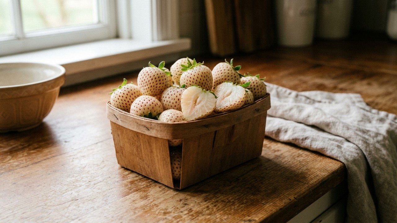 Essa variedade de morango branco surpreende com um sabor inovador que lembra notas tropicais. – Imagem gerada por IA