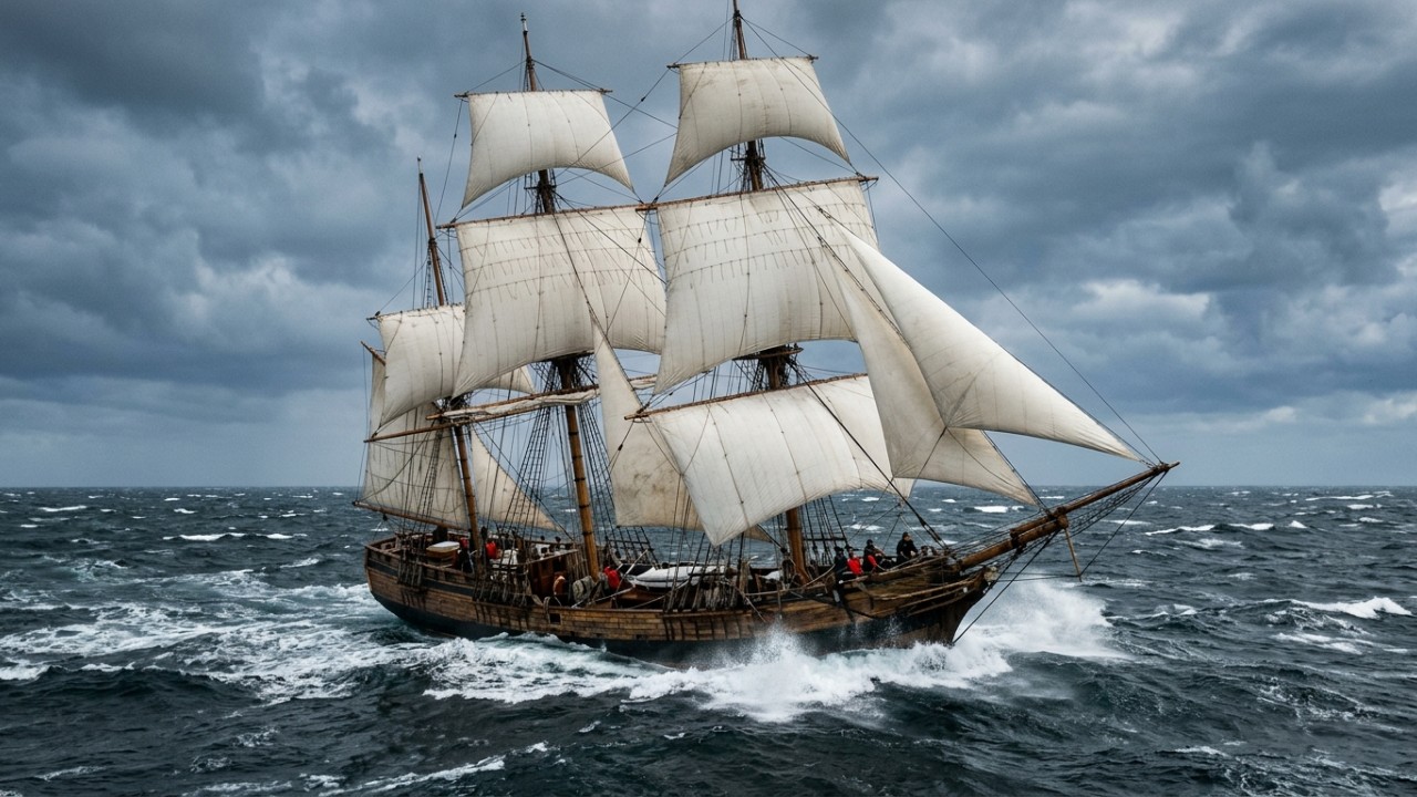 Os tradicionais navios à vela dependiam inteiramente da força dos ventos para realizar a complexa travessia do oceano. – Imagem gerada por IA