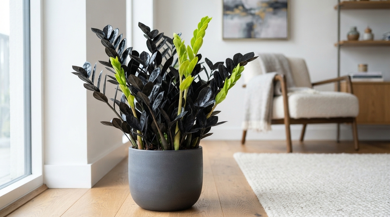 A coloração é o seu maior diferencial. As folhas apresentam um brilho intenso e um tom quase preto que cria um contraste marcante em qualquer ambiente.