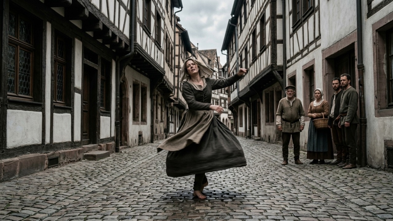 Mulher inicia dança contínua em praça pública desencadeando surto coletivo em Estrasburgo.