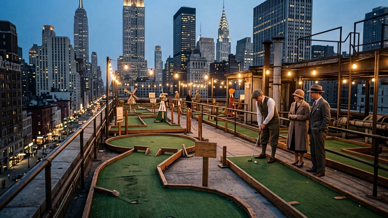 Campos de minigolfe em telhados viraram febre urbana na Nova York antiga.
