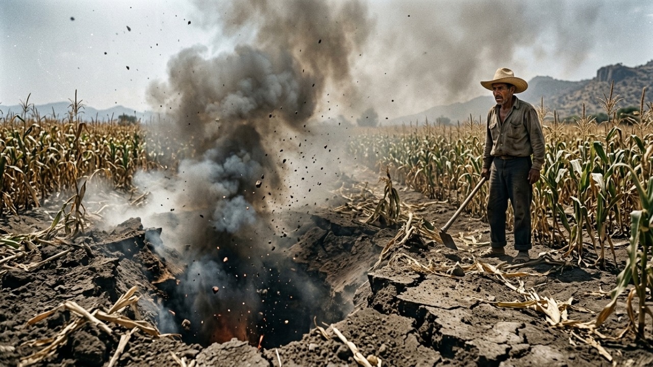 Fendas fumegantes no milharal anunciaram atividade subterrânea inesperada diante do agricultor.