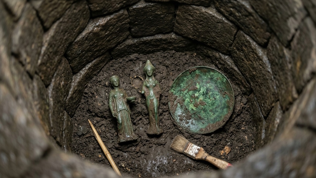 Escavações resgatam estatuetas e prato de bronze intactos no fundo do poço.