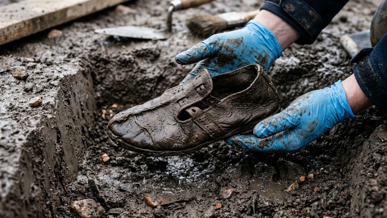 Sapatos gigantescos preservados em forte romano intrigam arqueólogos na Inglaterra antiga.