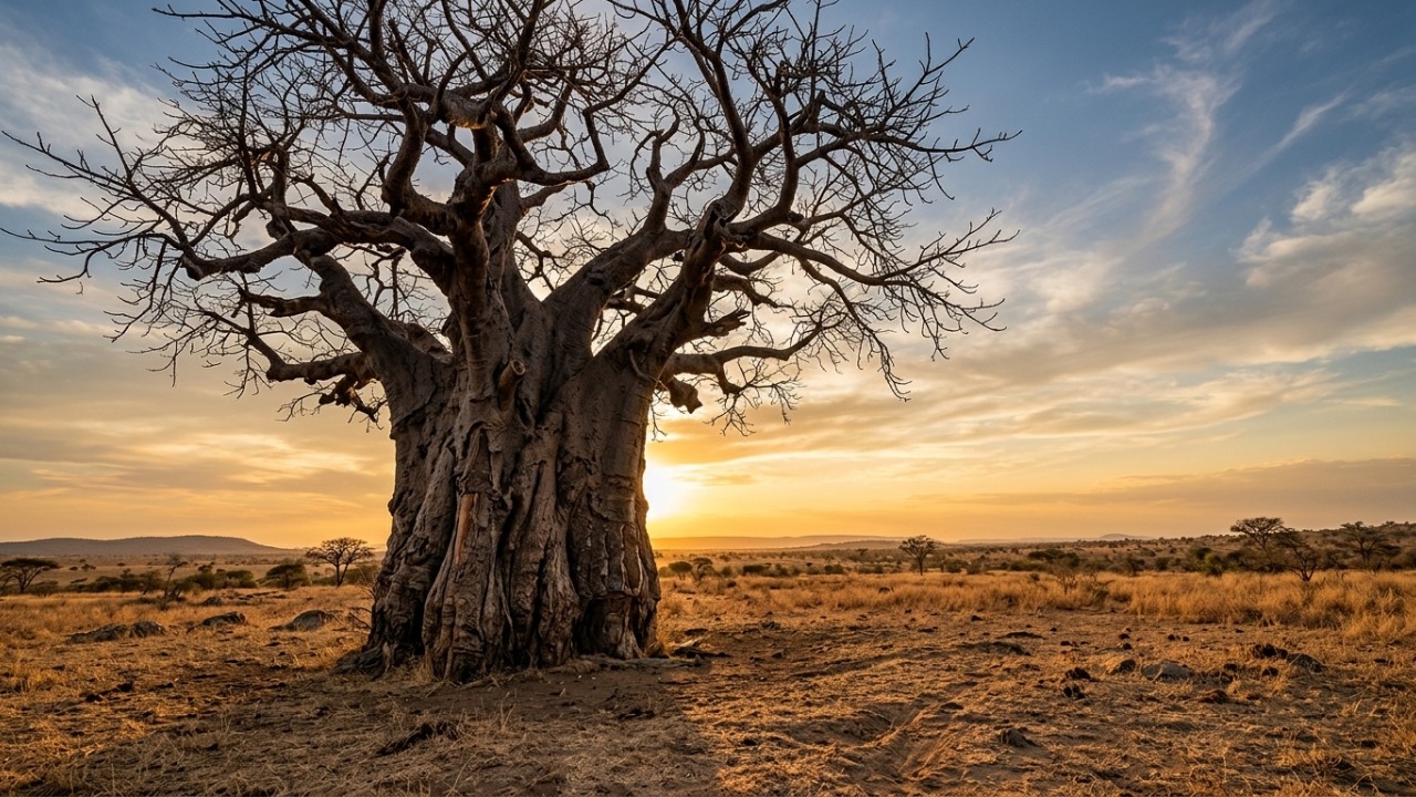 Galhos sem folhas lembram raízes voltadas para o céu africano.