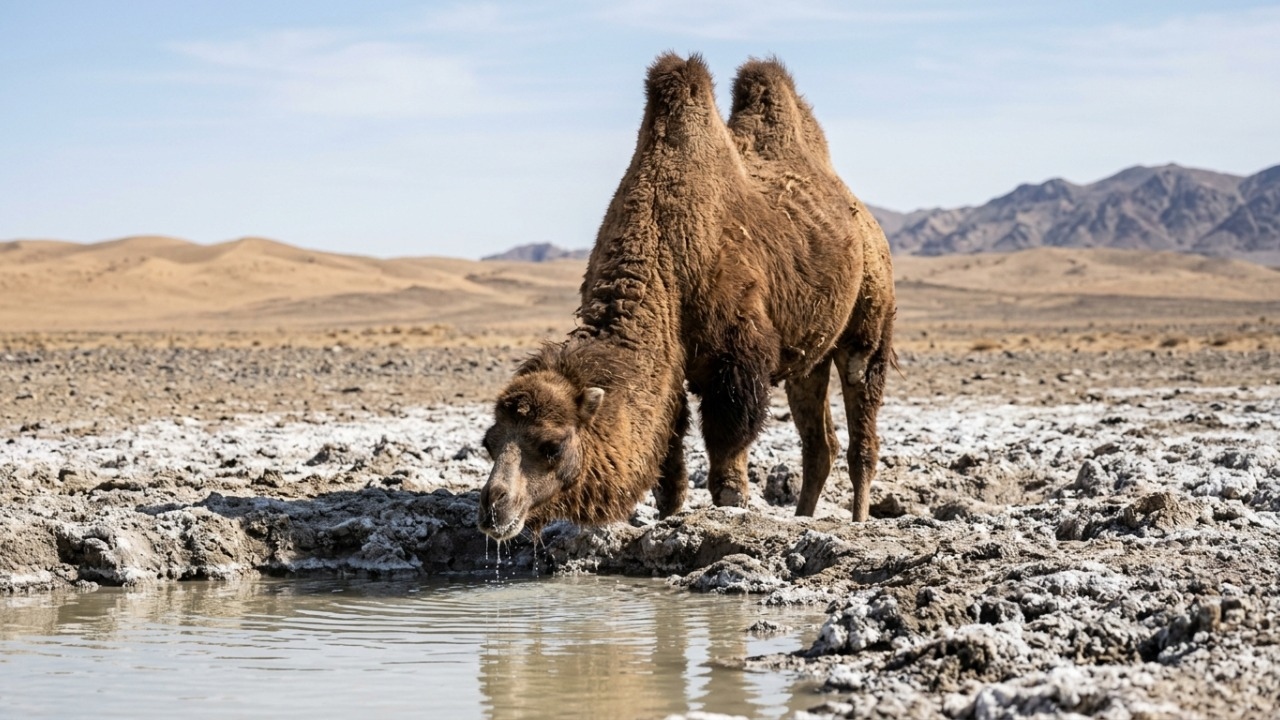 Camelos selvagens sobrevivem com água salgada em condições ambientais extremas.