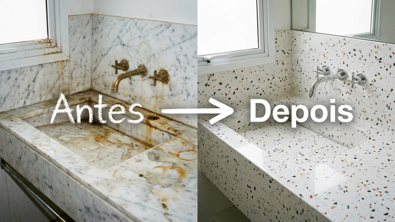 O estilo clássico do terrazzo ganha força em reformas residenciais espanholas ao substituir o mármore em áreas molhadas.